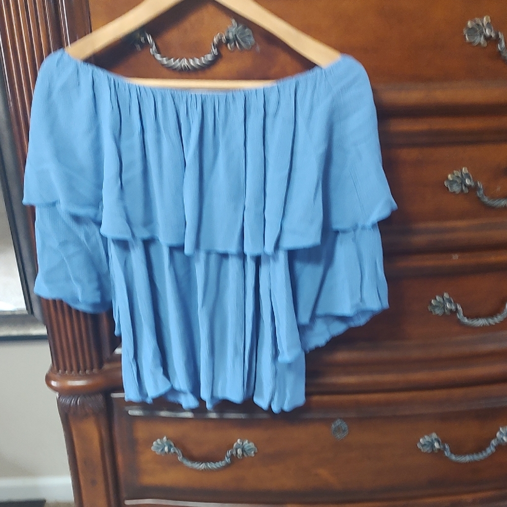 Blue Off-Shoulder Ruffle Top